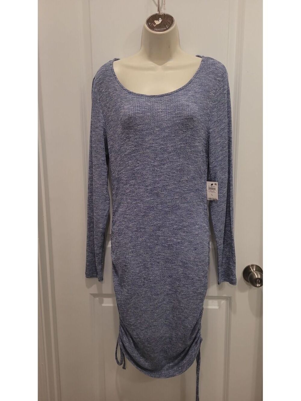 And Now This Women's Blue Long Sleeve Knit Sweater Dress Side Drawstrings Lg